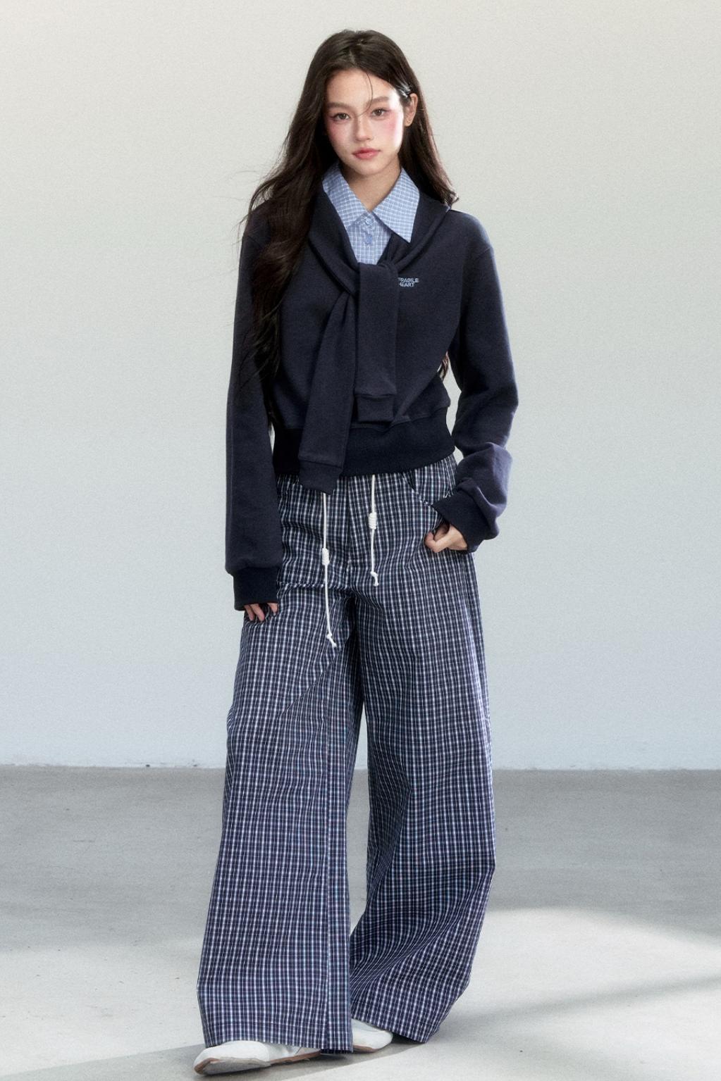 Navy Vine Plaid Wide-Leg Pants