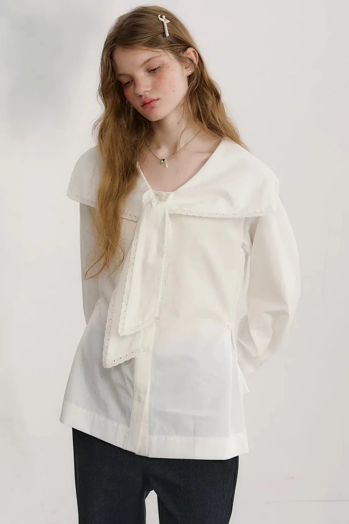 Navy Wave Lace Blouse