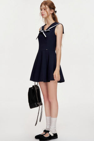 NavyCore Floral Tie Waist Dress