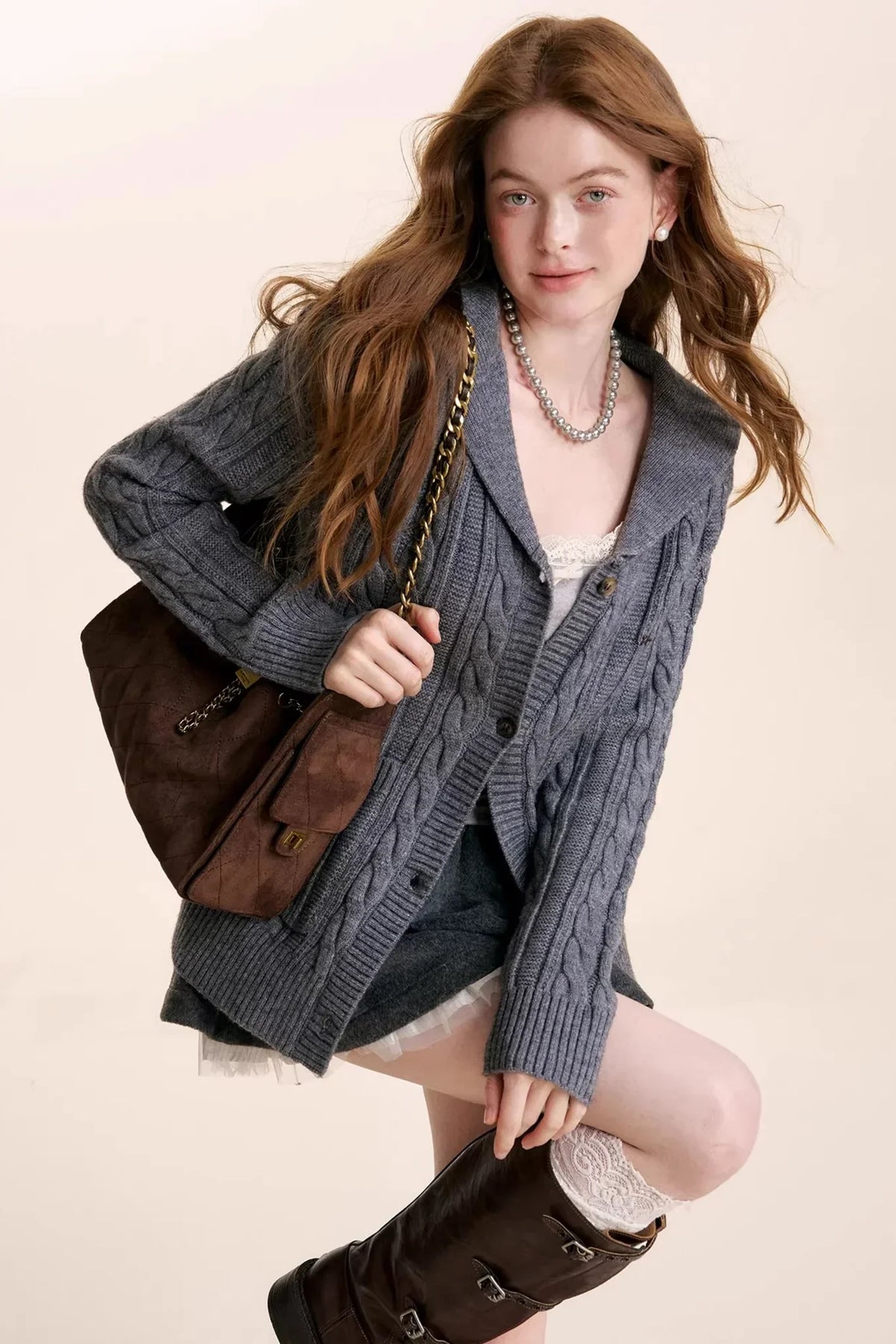 Navycore Wool Chain Embroidery Cardigan