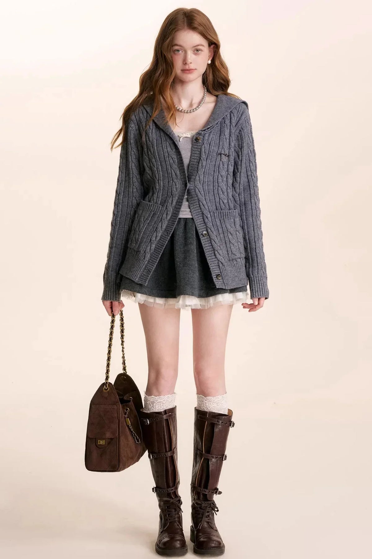Navycore Wool Chain Embroidery Cardigan