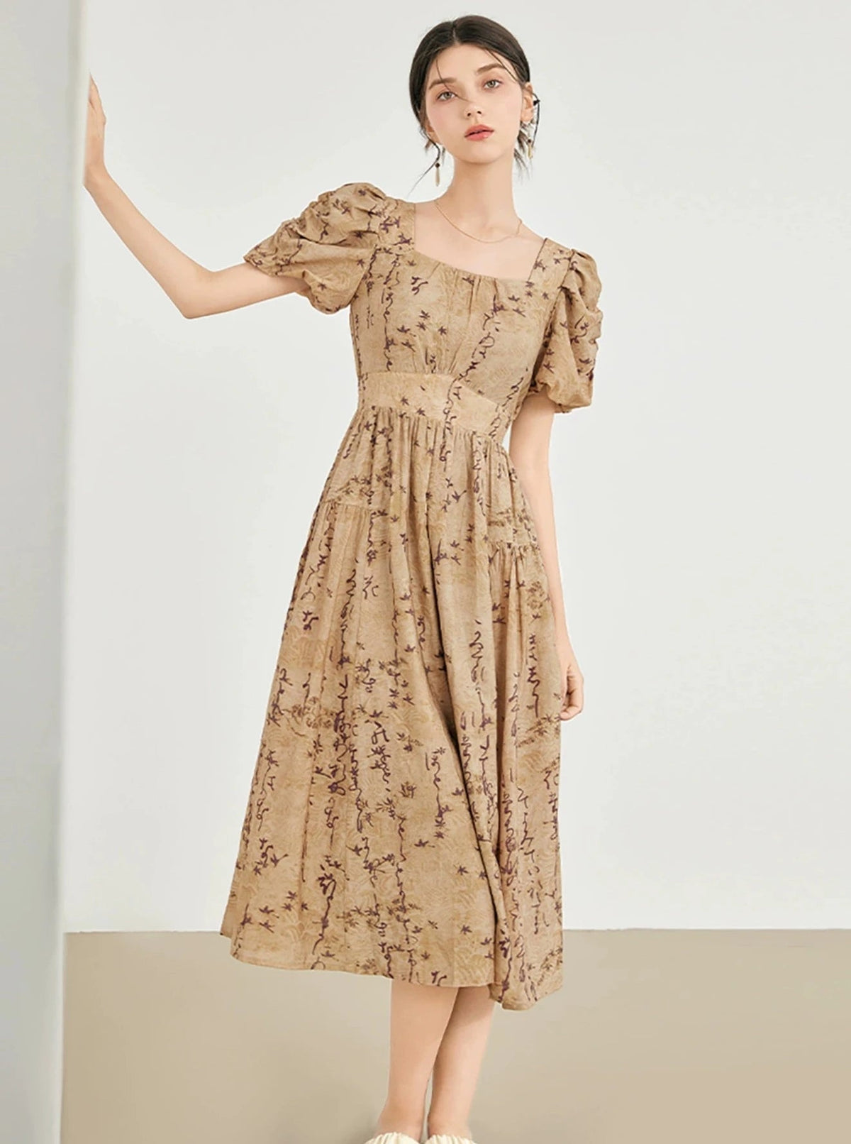 Neck Puff Sleeve Floral Dress