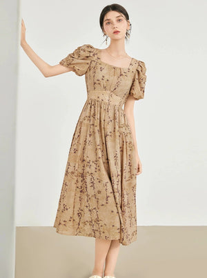Neck Puff Sleeve Floral Dress