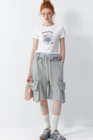 Neutral Cotton Rolled Hem Shorts