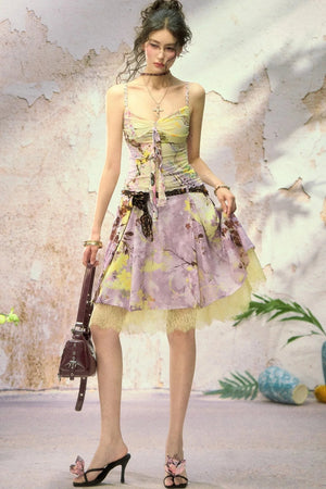 New Chinese Style Printed Camisole Skirt Set-Up