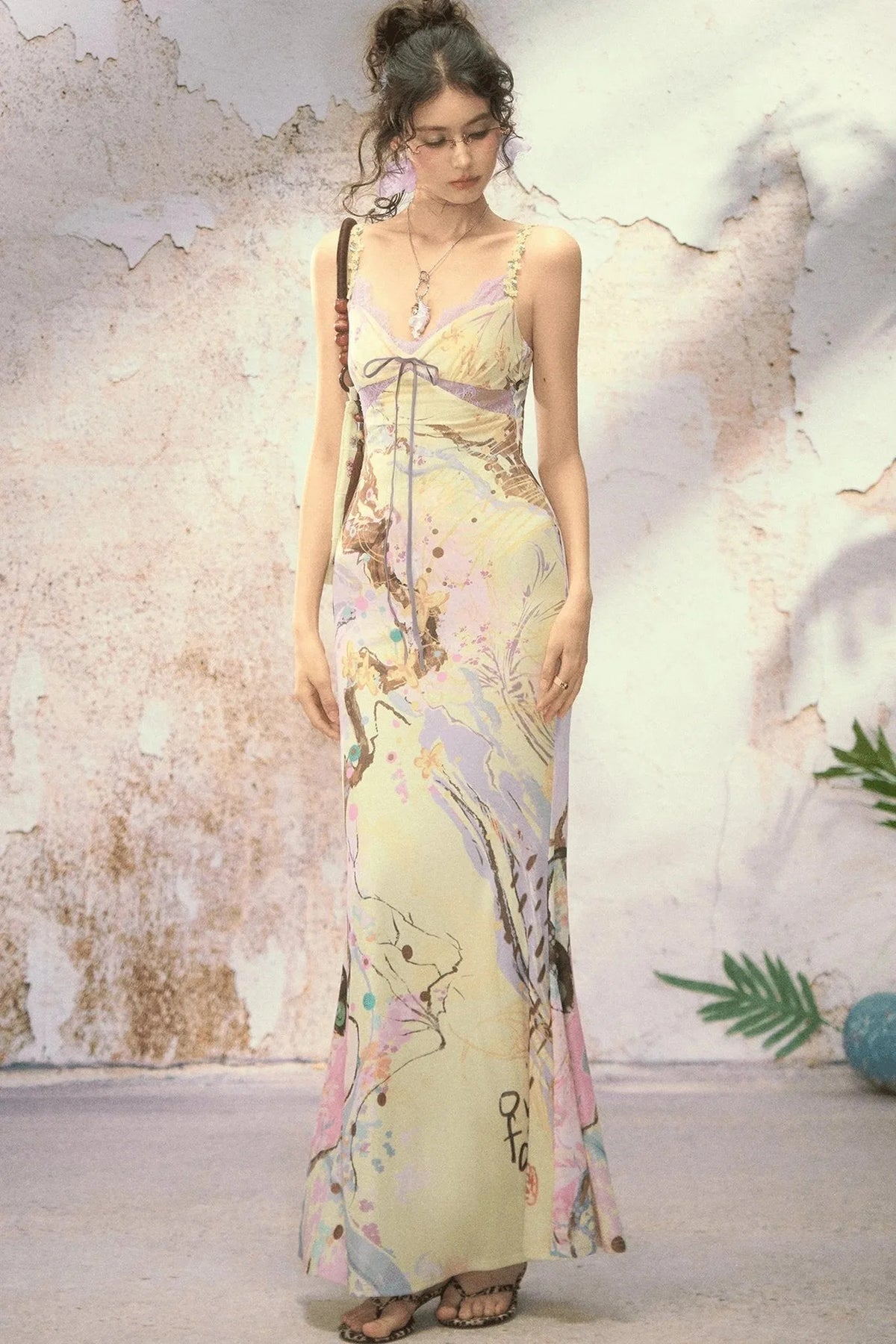 New Chinese Style Printed Tie Waist Fishtail Maxi Dress