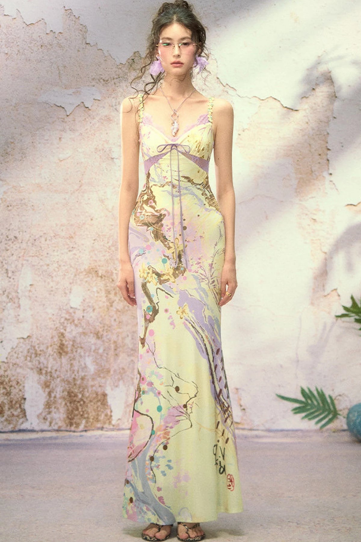 New Chinese Style Printed Tie Waist Fishtail Maxi Dress