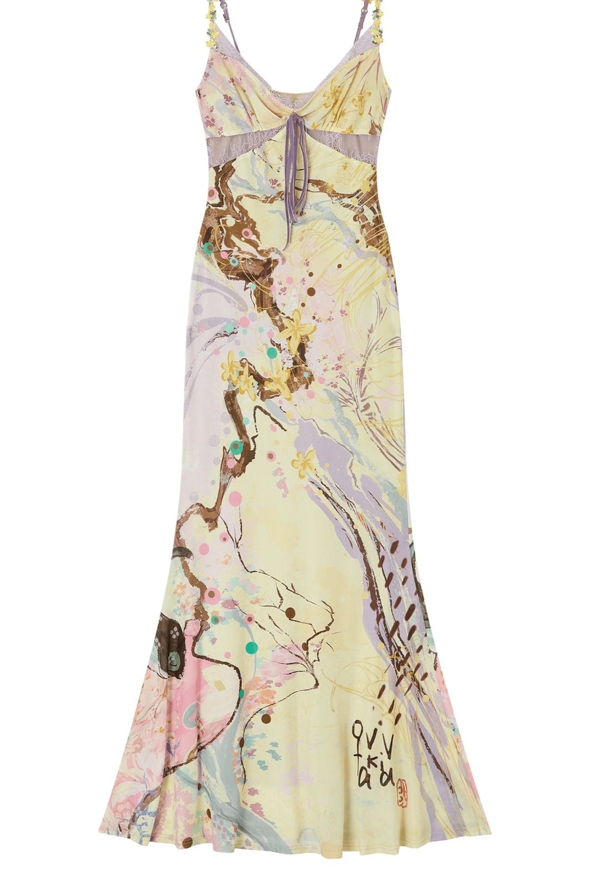 New Chinese Style Printed Tie Waist Fishtail Maxi Dress