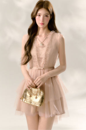 Nude Ballet Bow Lace Puffy Dress