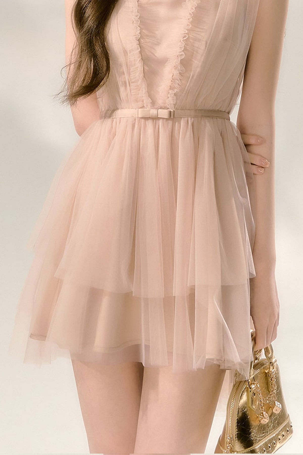Nude Ballet Bow Lace Puffy Dress