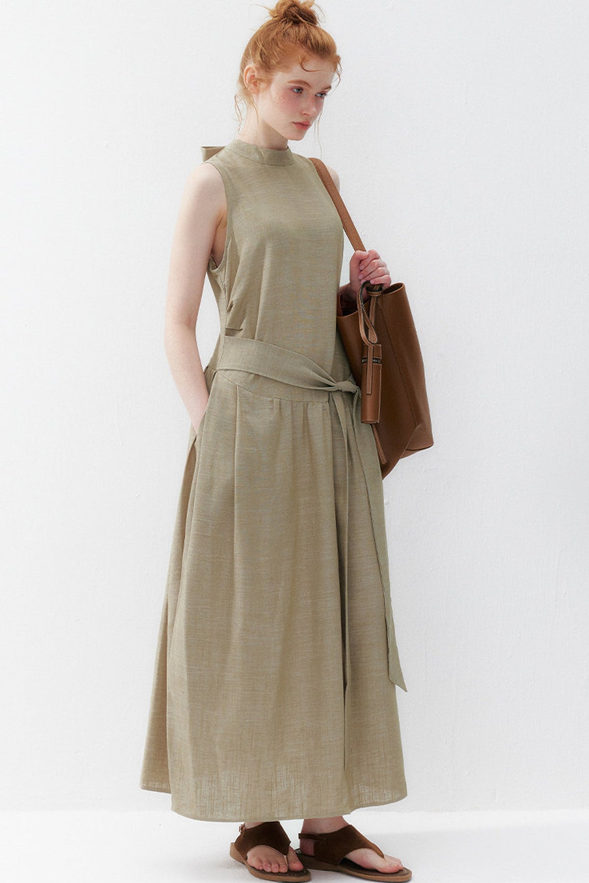 Oatmeal Tie-Up Tencel Dress