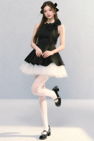 Obsidian French Bow Sleeveless A-Line Dress