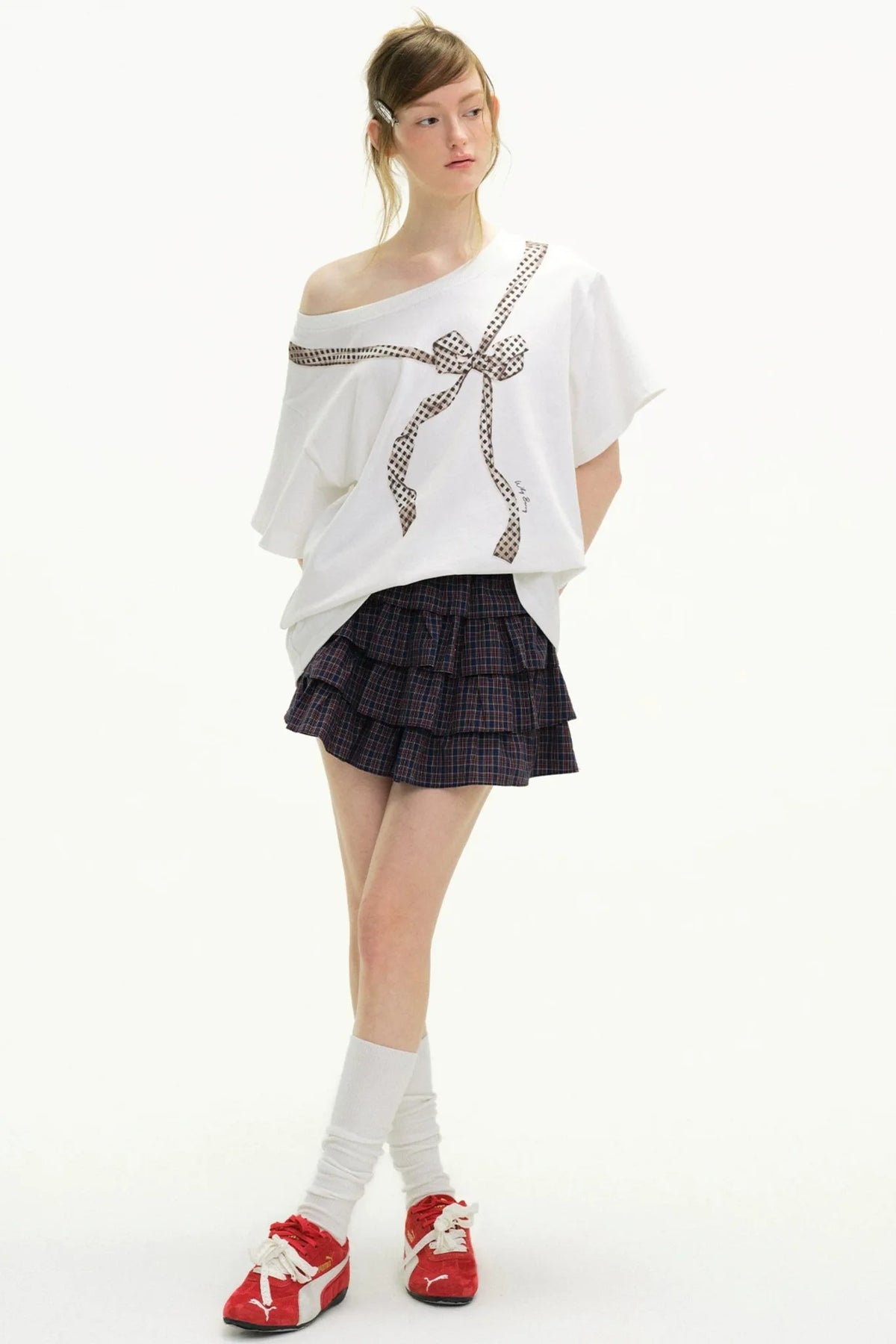 Off-Shoulder Bow Print T-Shirt