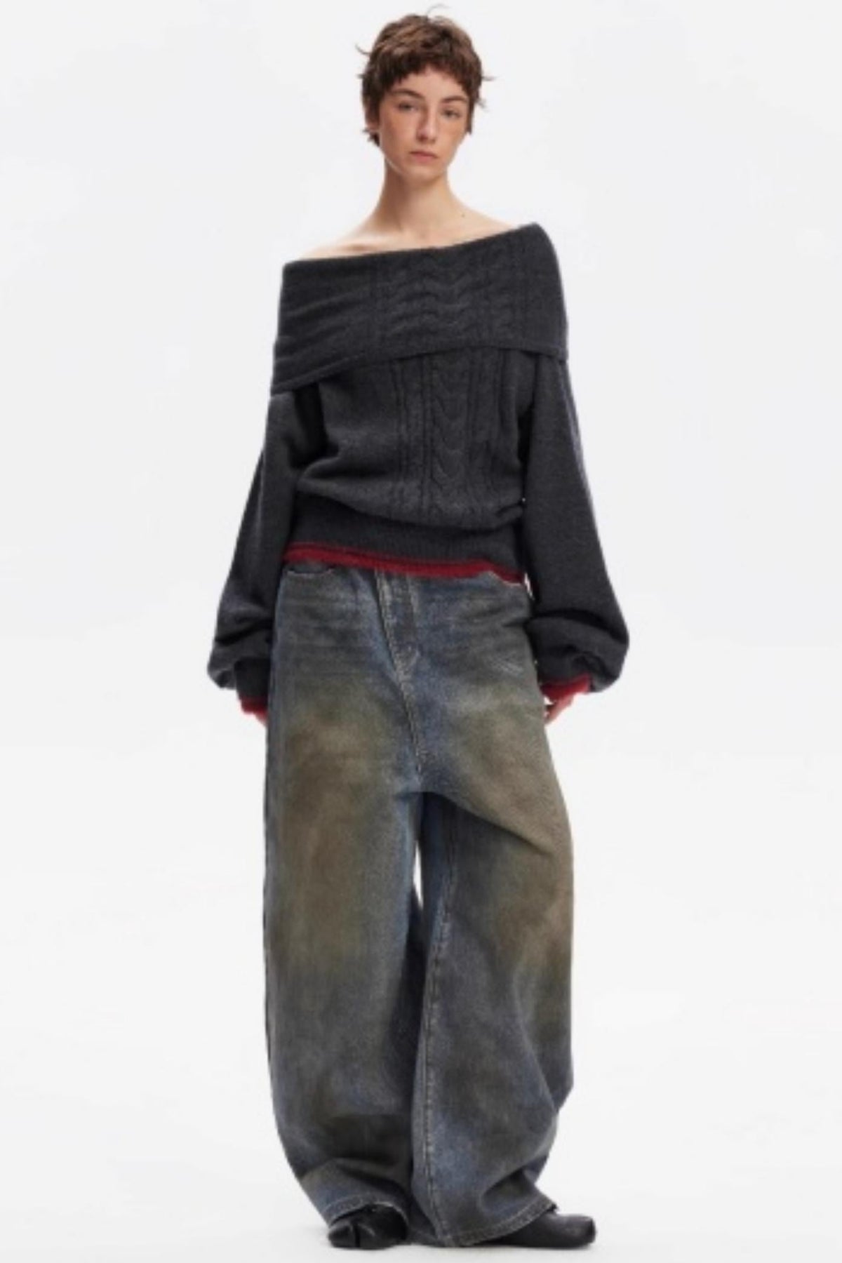 Off-Shoulder Color-Blocked Knit Sweater