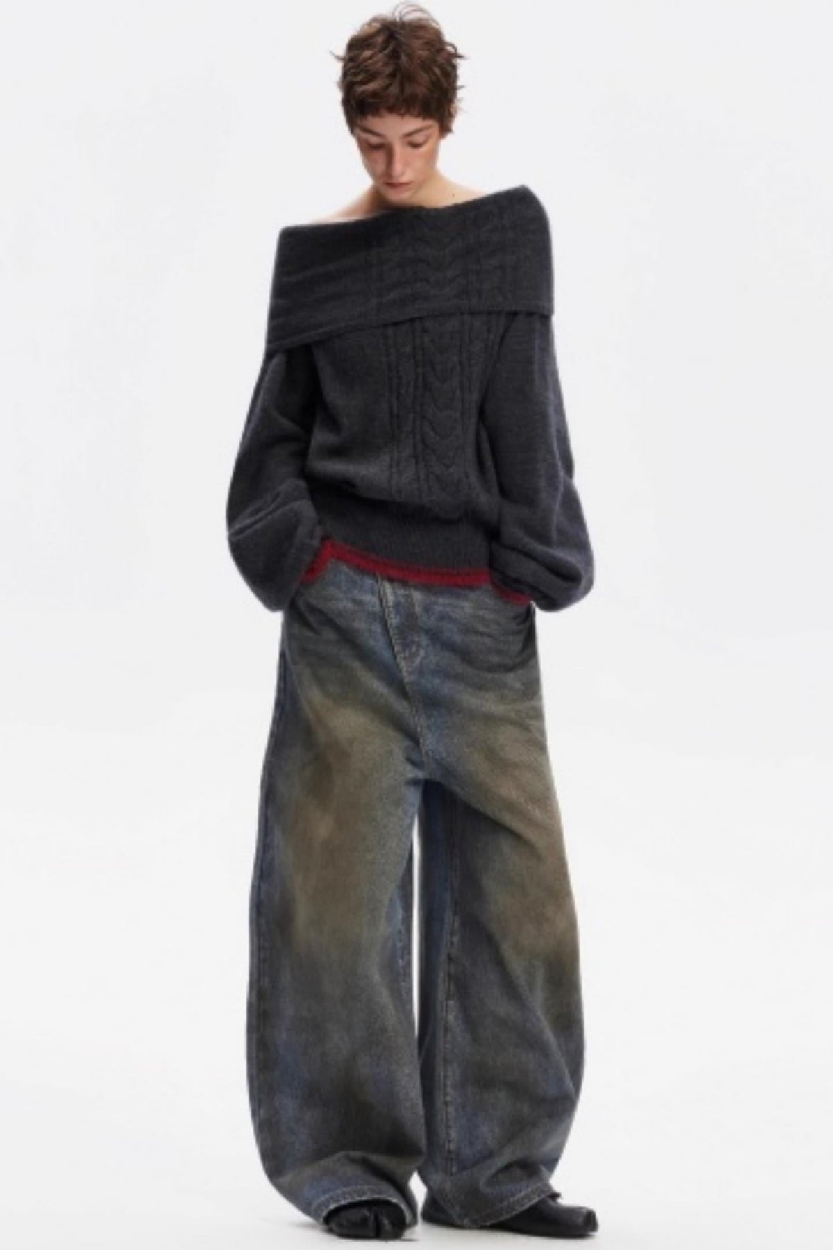 Off-Shoulder Color-Blocked Knit Sweater