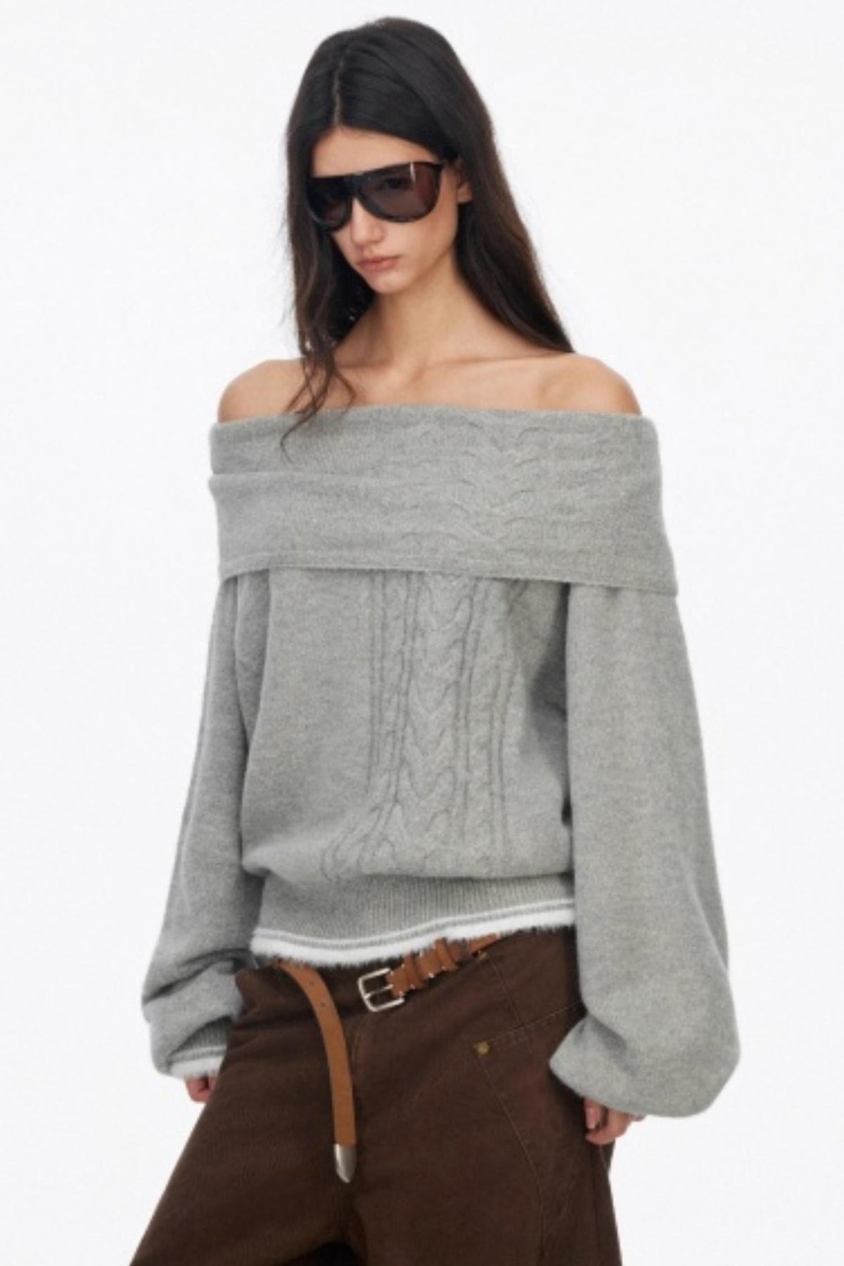 Off-Shoulder Color-Blocked Knit Sweater