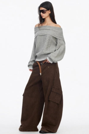 Off-Shoulder Color-Blocked Knit Sweater