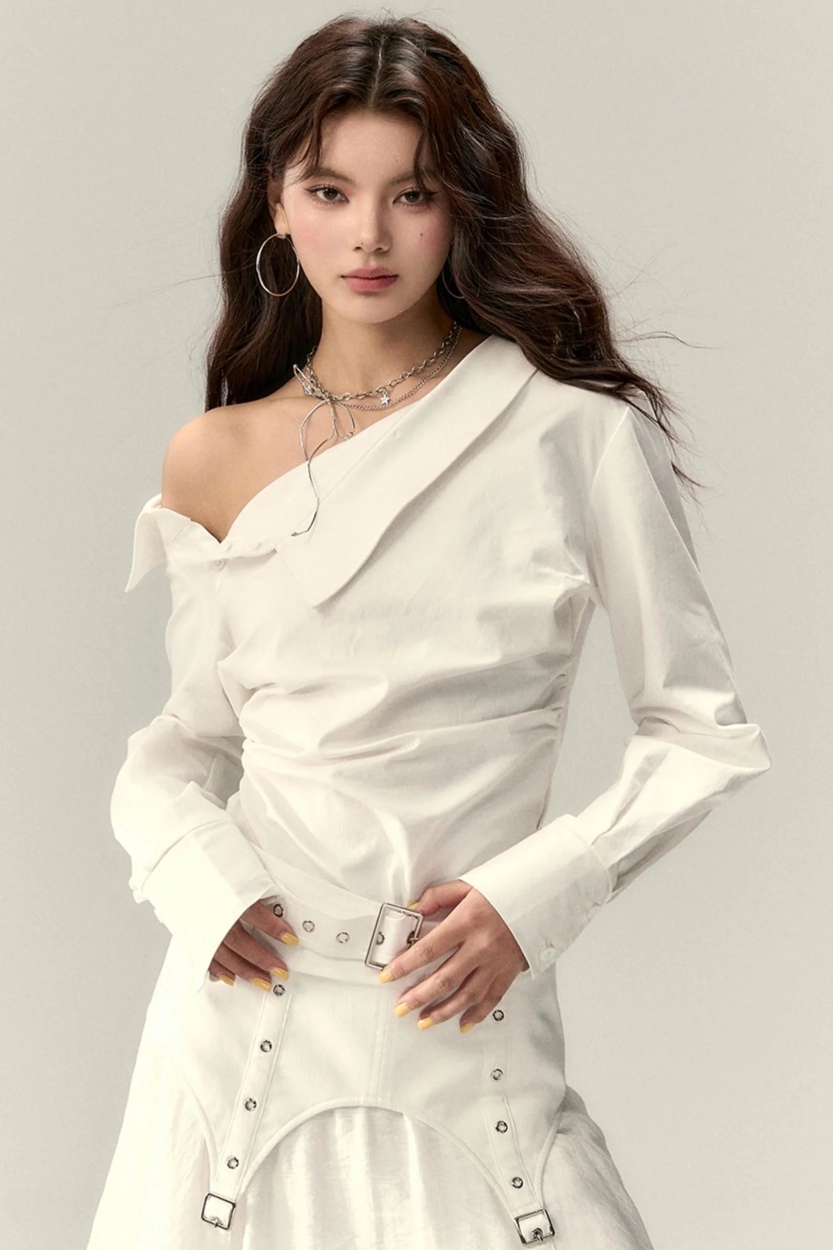 Off-Shoulder Cropped Pleated Shirt