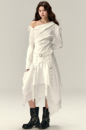 Off-Shoulder Cropped Pleated Shirt