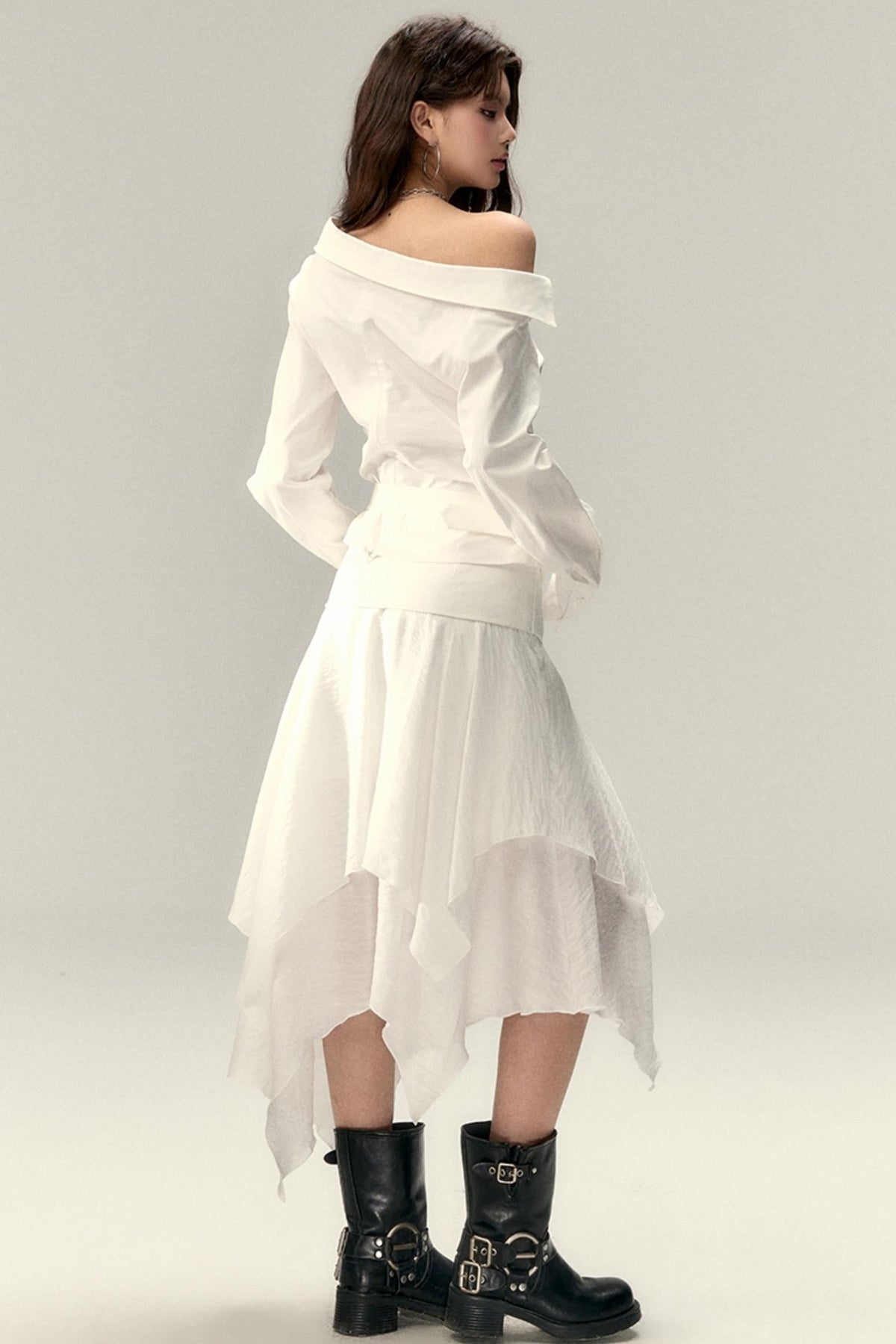 Off-Shoulder Cropped Pleated Shirt