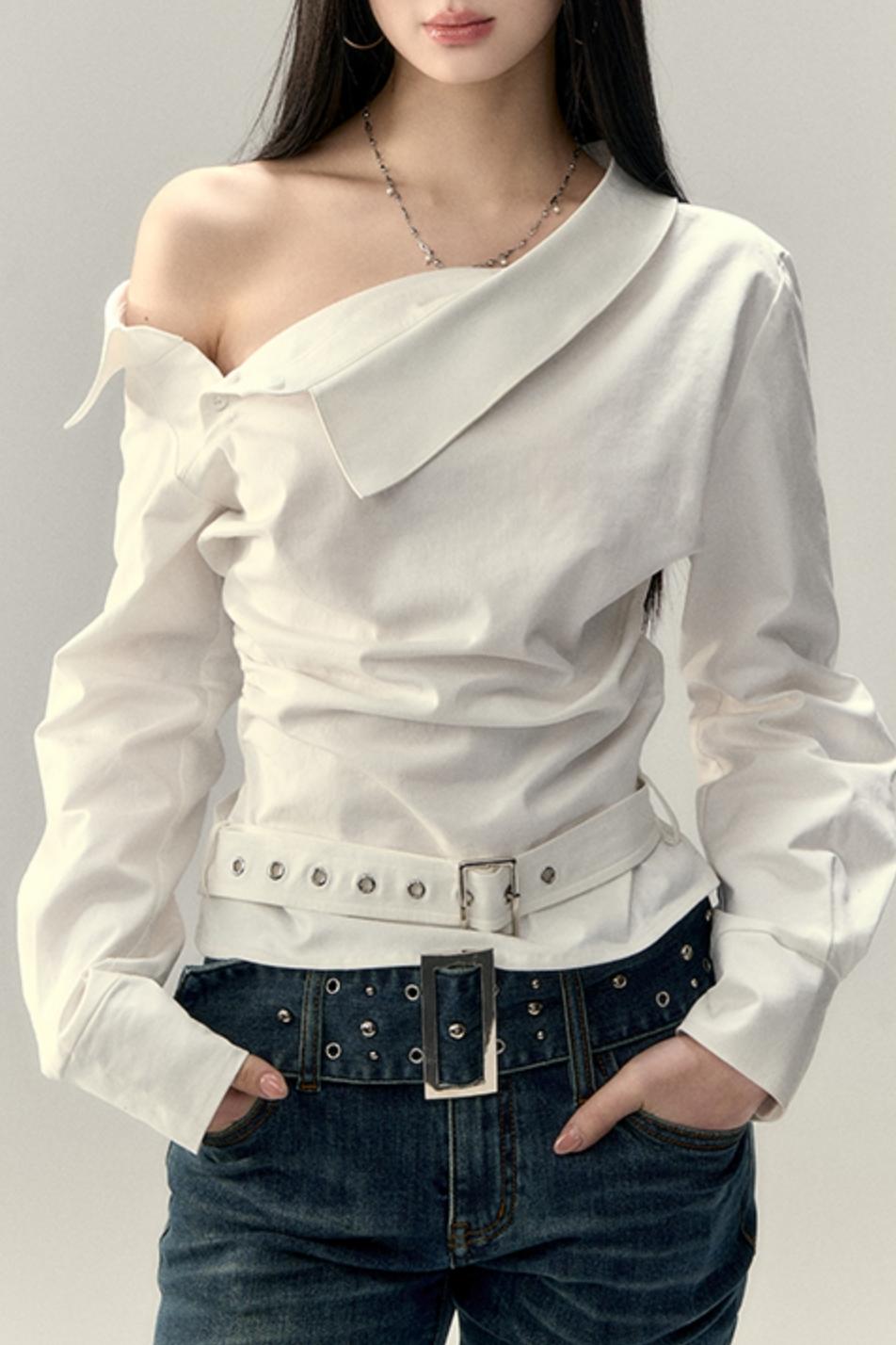 Off-Shoulder Cropped Pleated Shirt