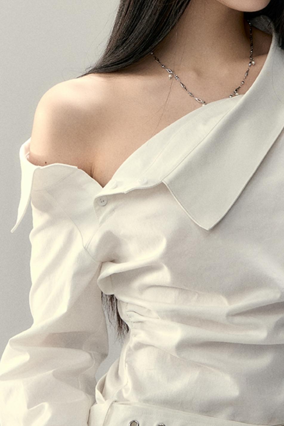 Off-Shoulder Cropped Pleated Shirt
