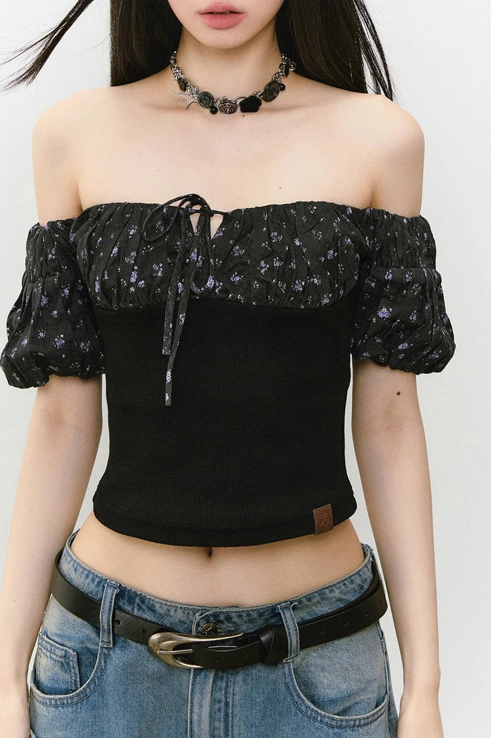 Off-Shoulder Floral Patchwork Top