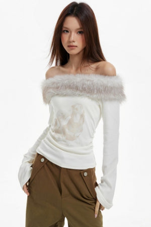 Off-Shoulder Fur Collar Slimming Sleeve Top