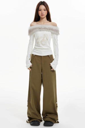Off-Shoulder Fur Collar Slimming Sleeve Top