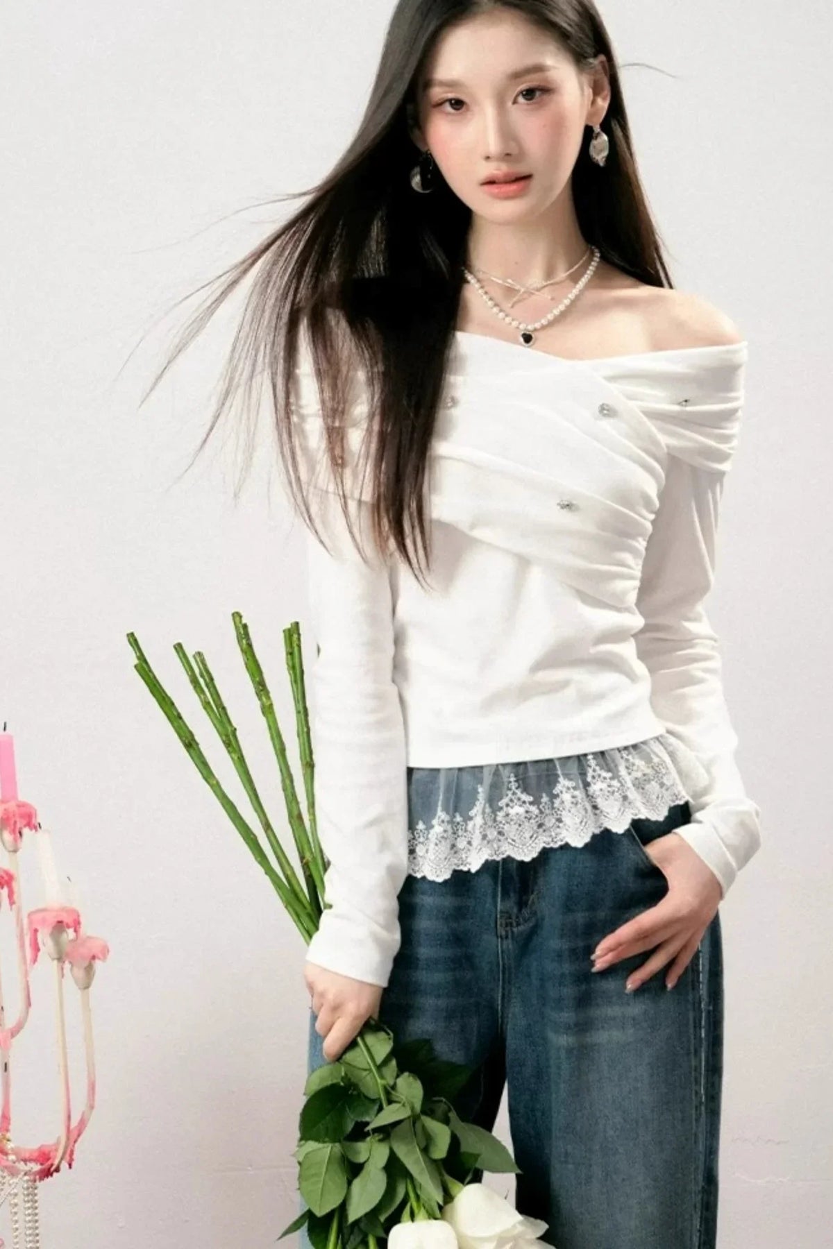 Off-Shoulder Lace Asymmetrical Top