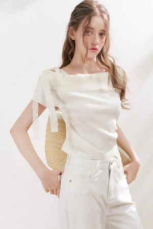 Off-Shoulder Lace Bow Knit Top