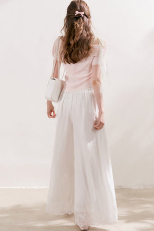 Off-Shoulder Lace Bow Knit Top