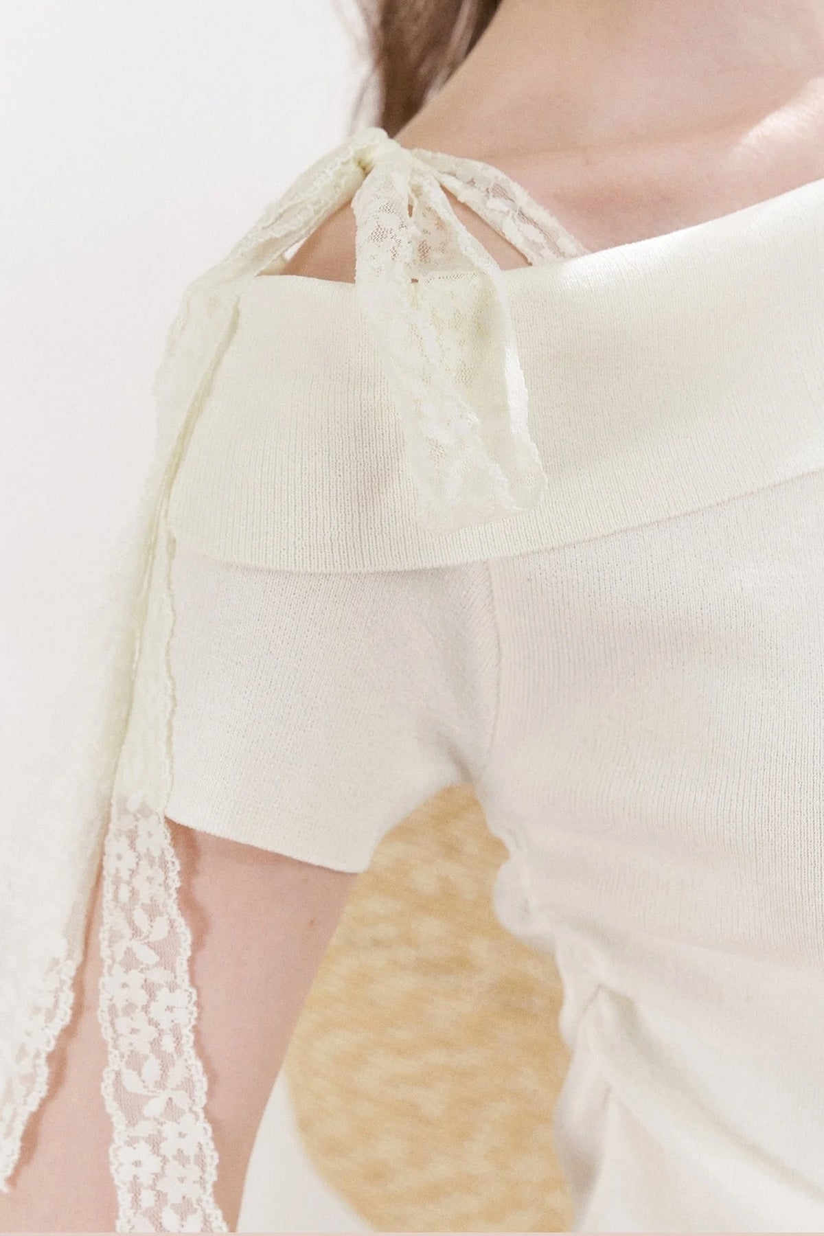 Off-Shoulder Lace Bow Knit Top