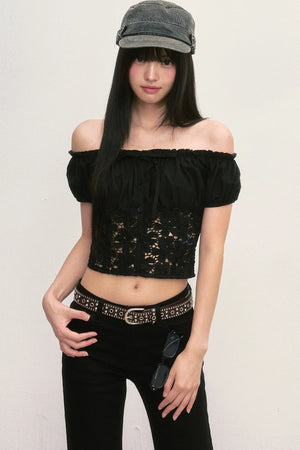 Off-Shoulder Lace Cutout Puff Sleeve Crop Top