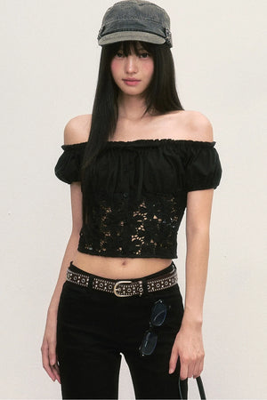Off-Shoulder Lace Cutout Puff Sleeve Crop Top