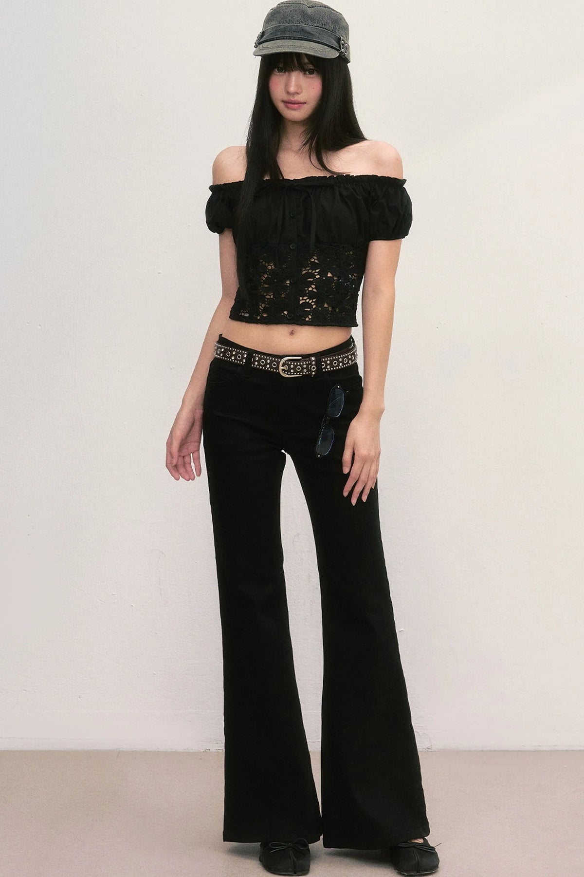 Off-Shoulder Lace Cutout Puff Sleeve Crop Top
