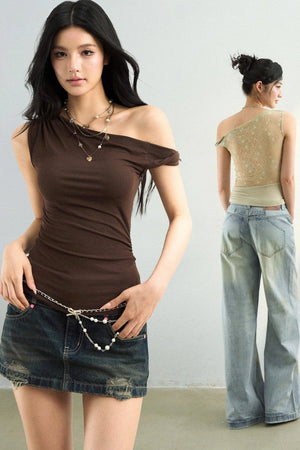 Off-Shoulder Lace Patchwork T-Shirt