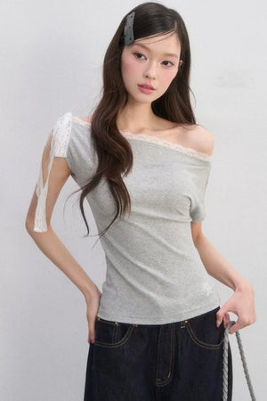 Off-Shoulder Lace-Up Blouse