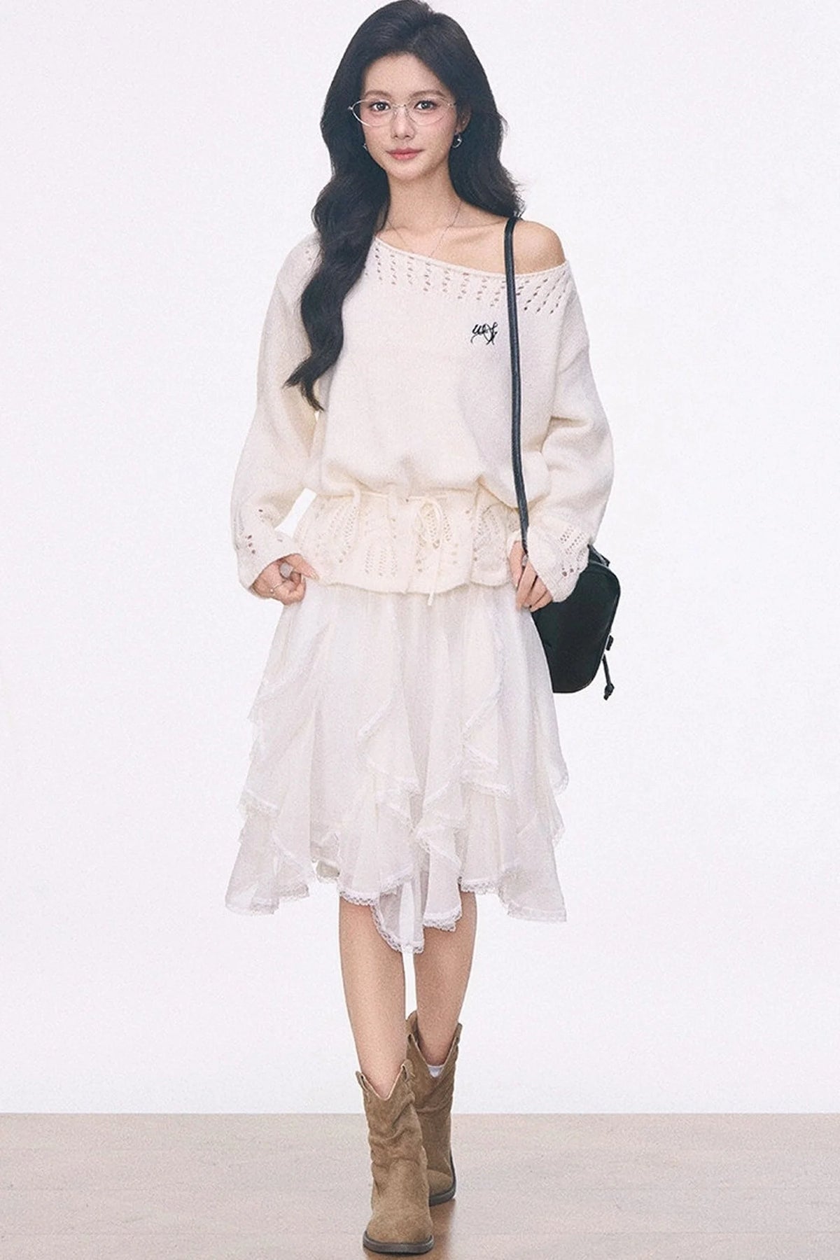 Off-Shoulder Lace-Up Sweater And Ruffled Skirt Set-Up