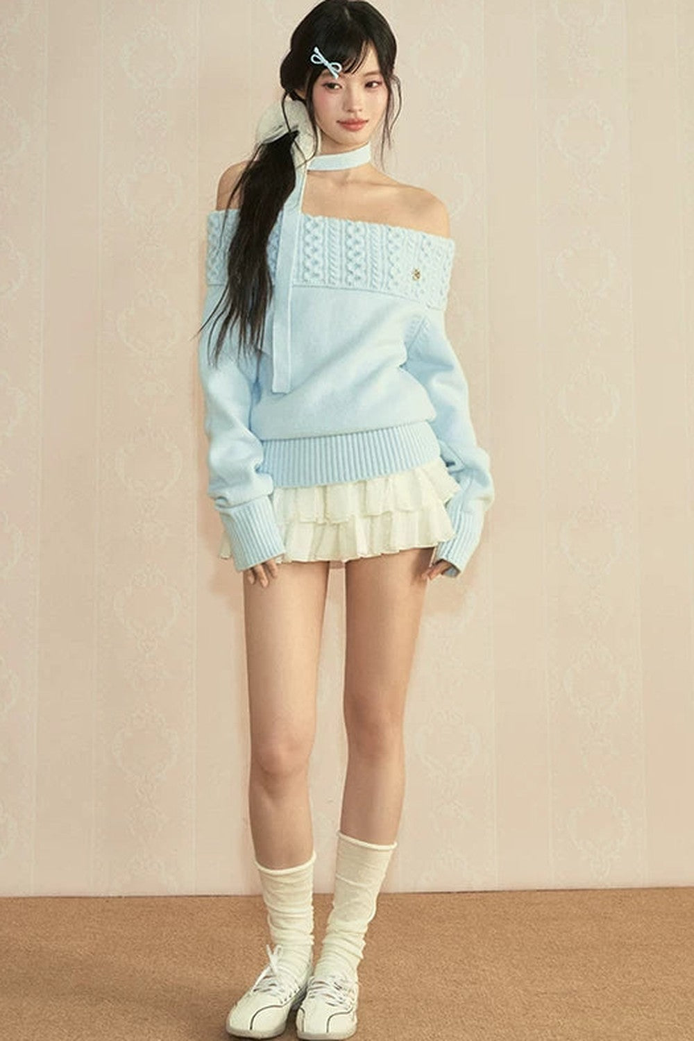 Off-Shoulder Long Sleeve Knit Top