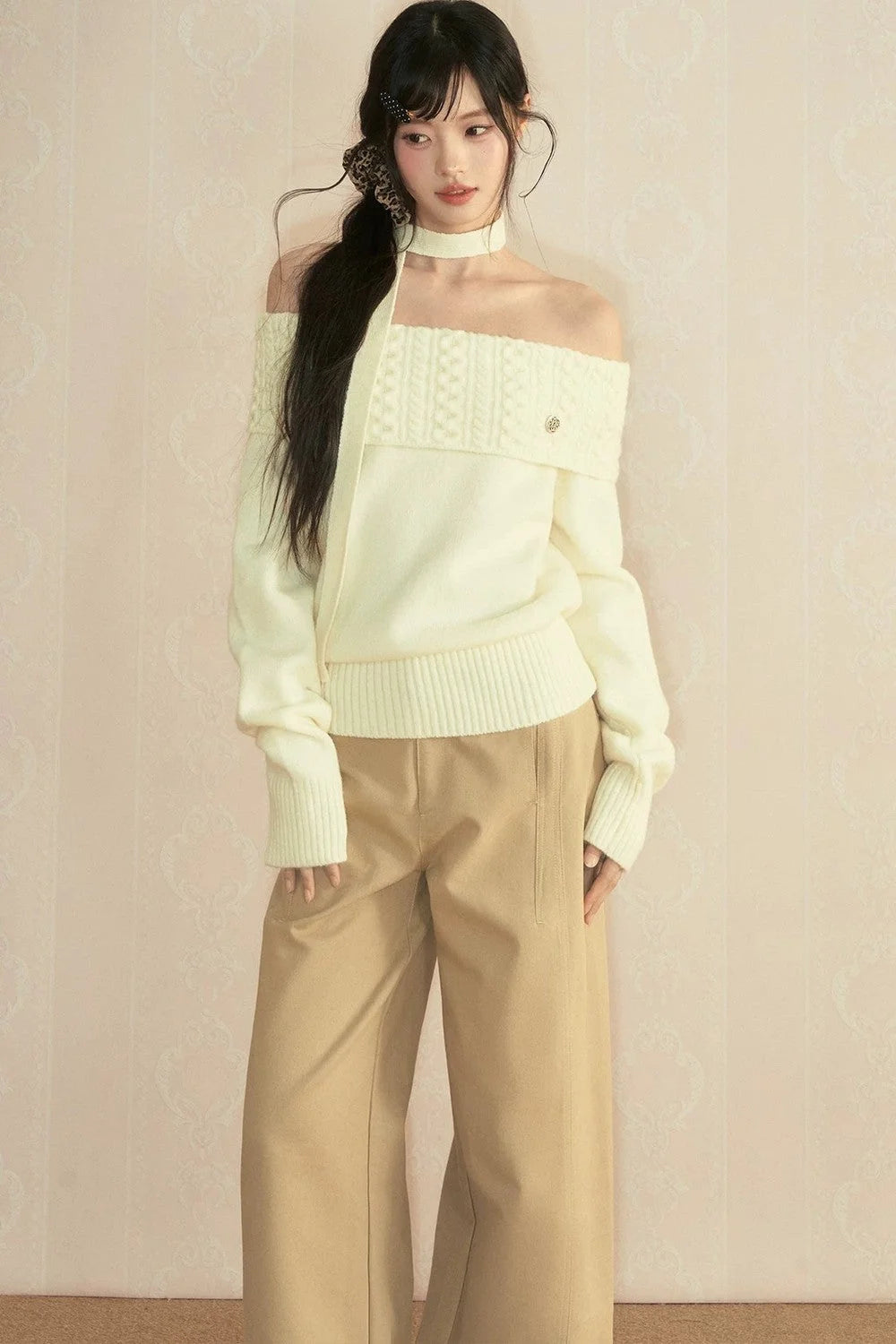 Off-Shoulder Long Sleeve Knit Top