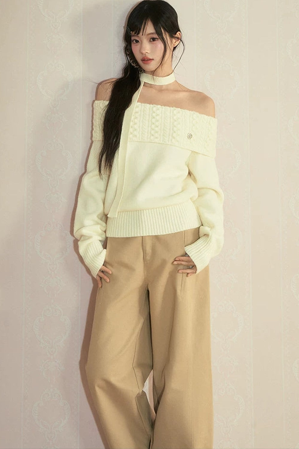 Off-Shoulder Long Sleeve Knit Top