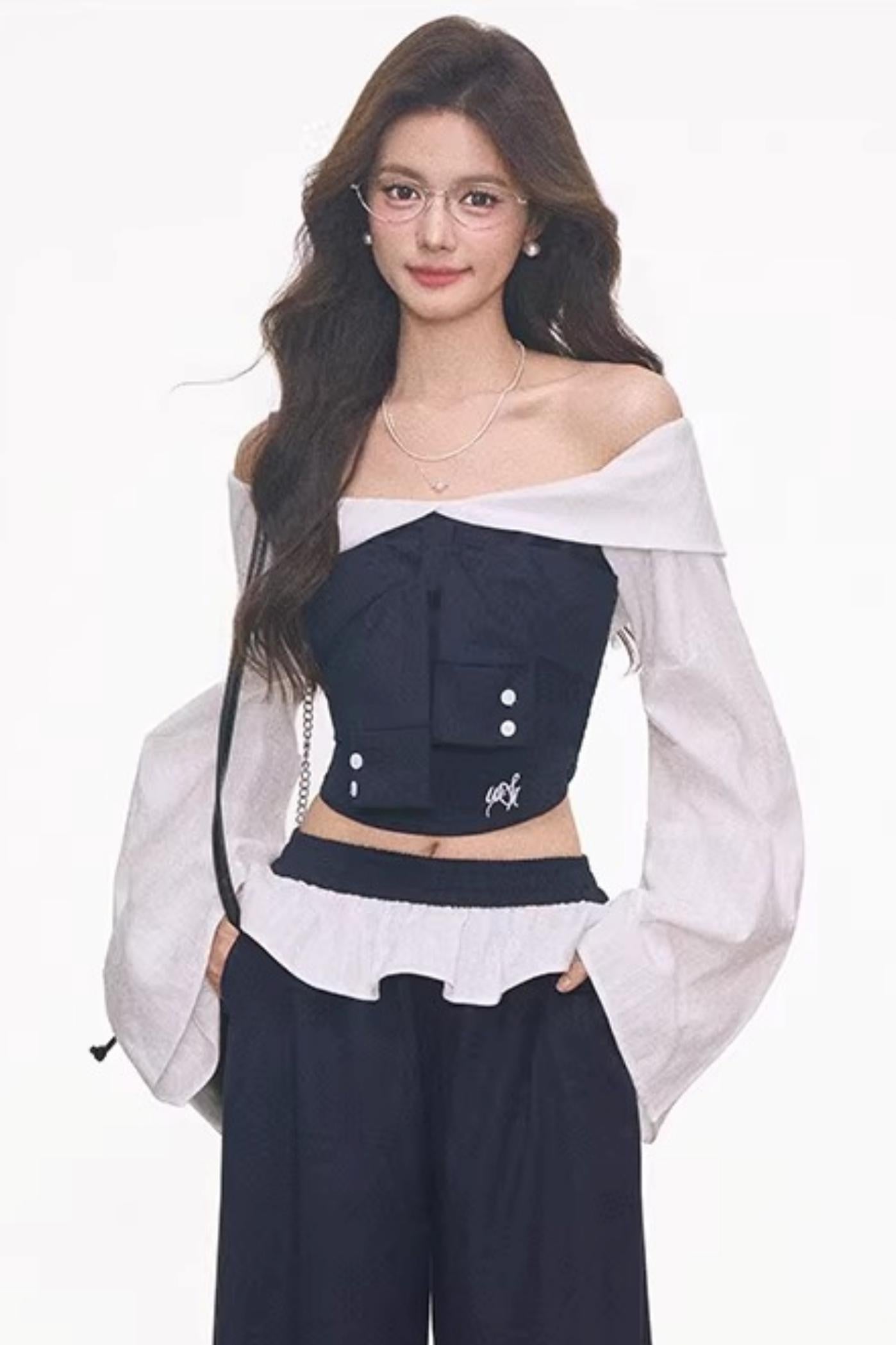 Off-Shoulder Patchwork Ensemble Top set-Up