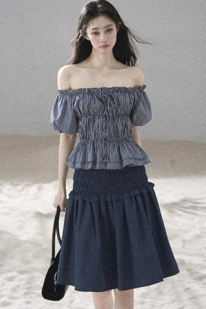 Off-Shoulder Plaid Puff Sleeve Top