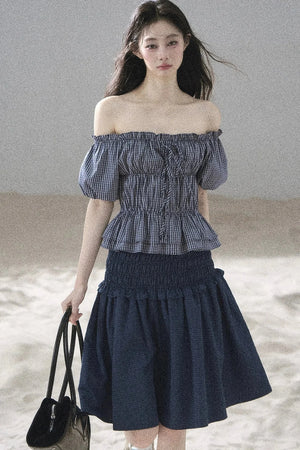 Off-Shoulder Plaid Puff Sleeve Top