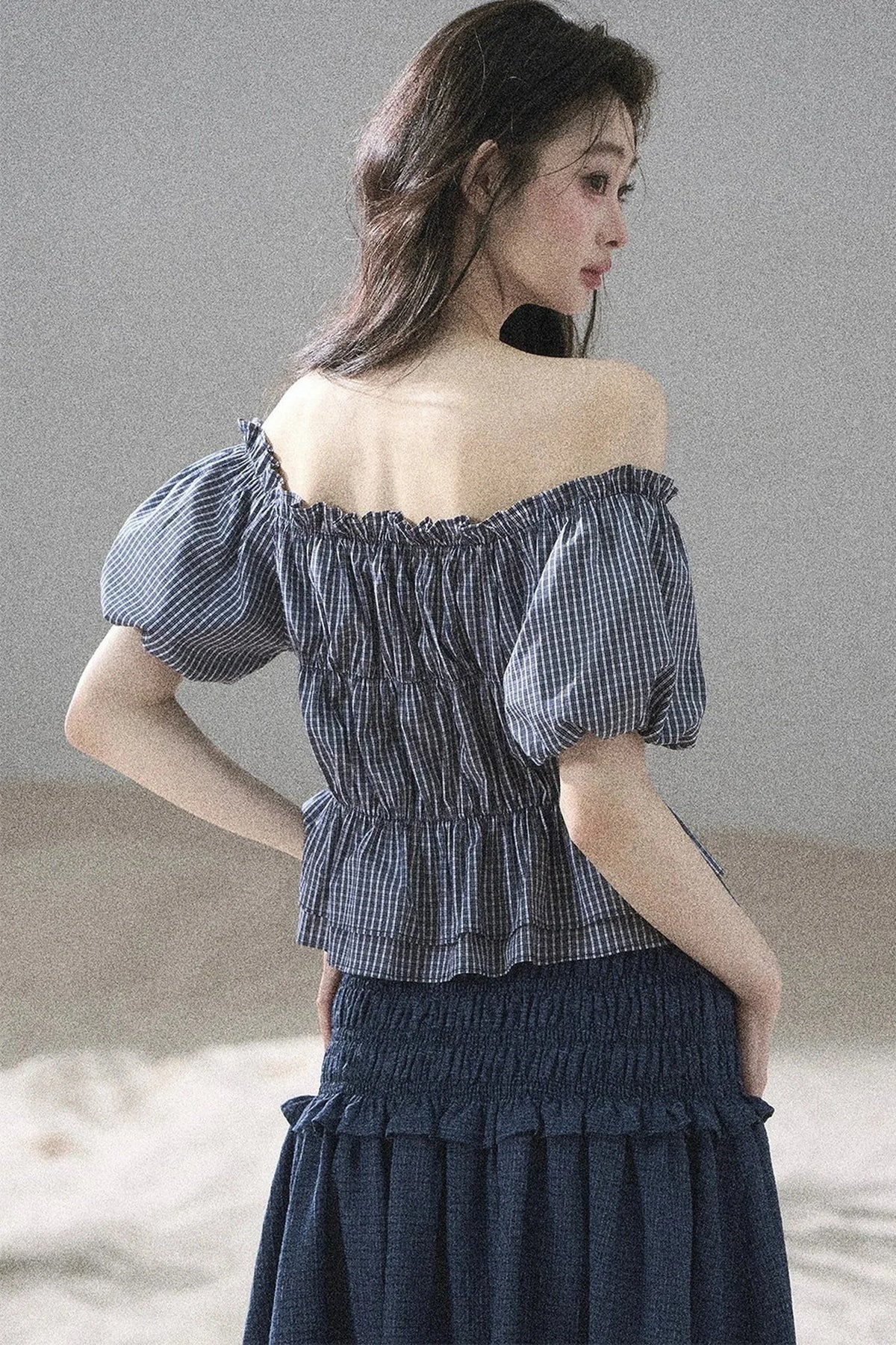 Off-Shoulder Plaid Puff Sleeve Top