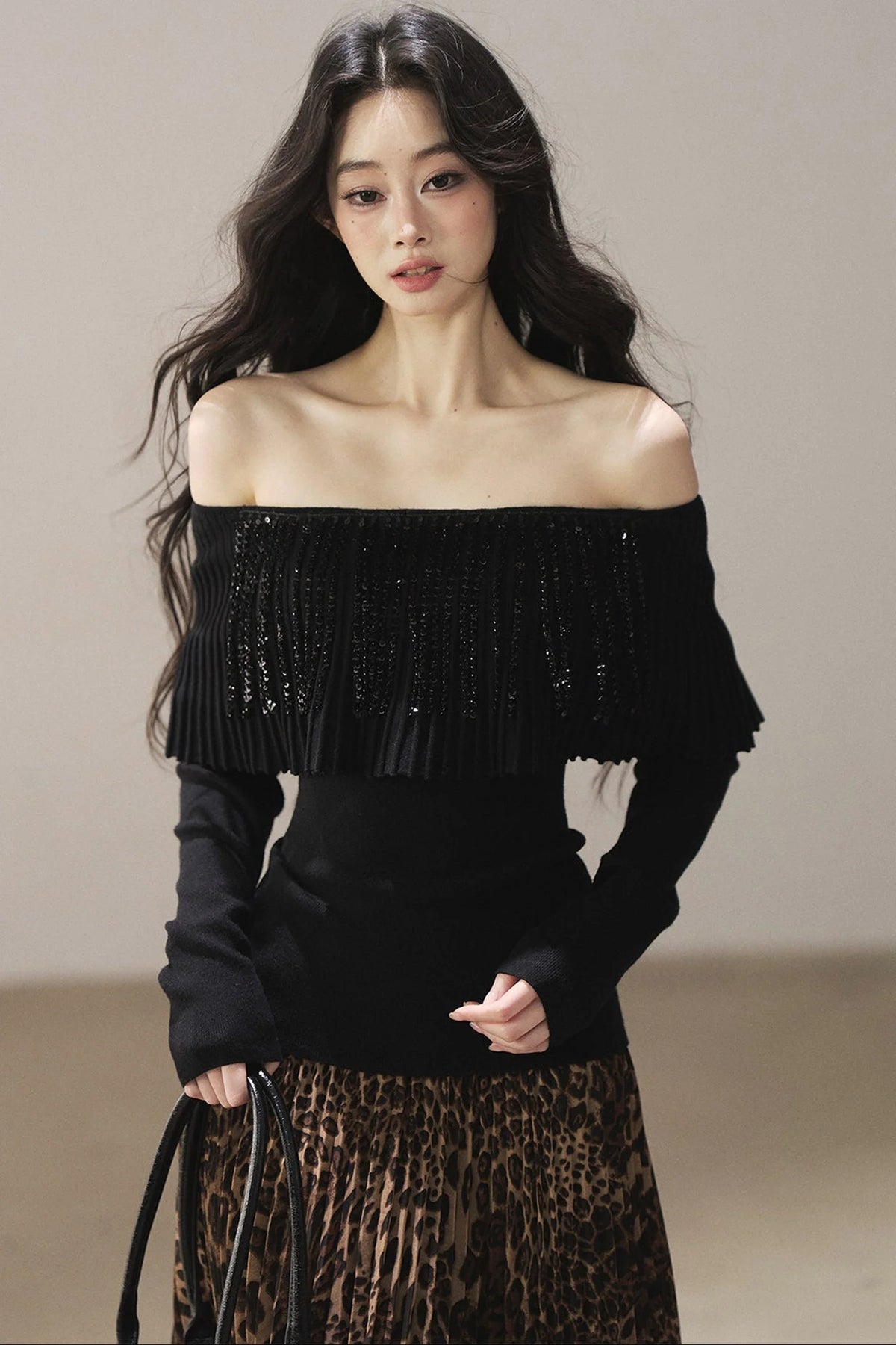 Off-Shoulder Pleated Long Sleeve Top