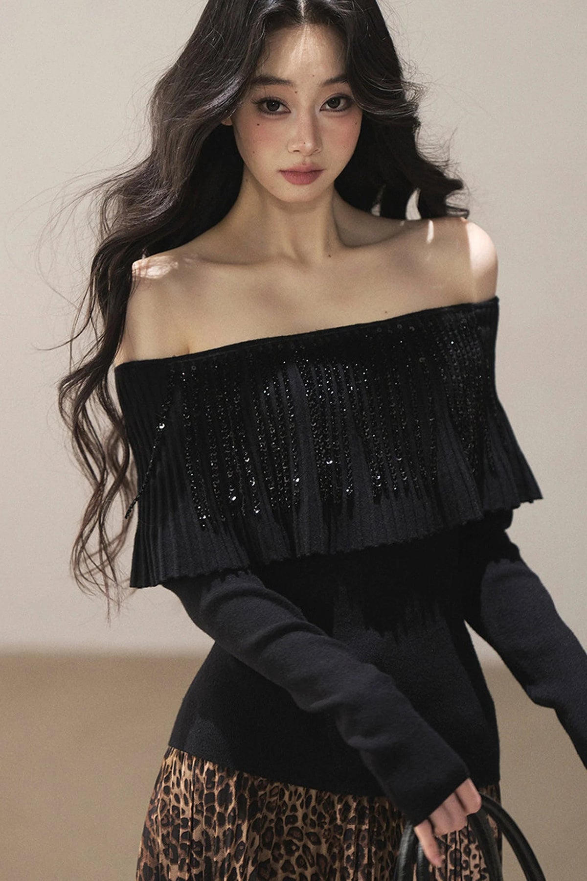 Off-Shoulder Pleated Long Sleeve Top