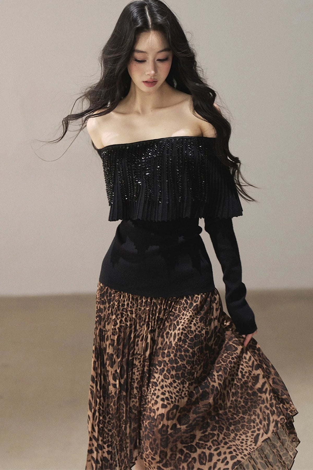 Off-Shoulder Pleated Long Sleeve Top