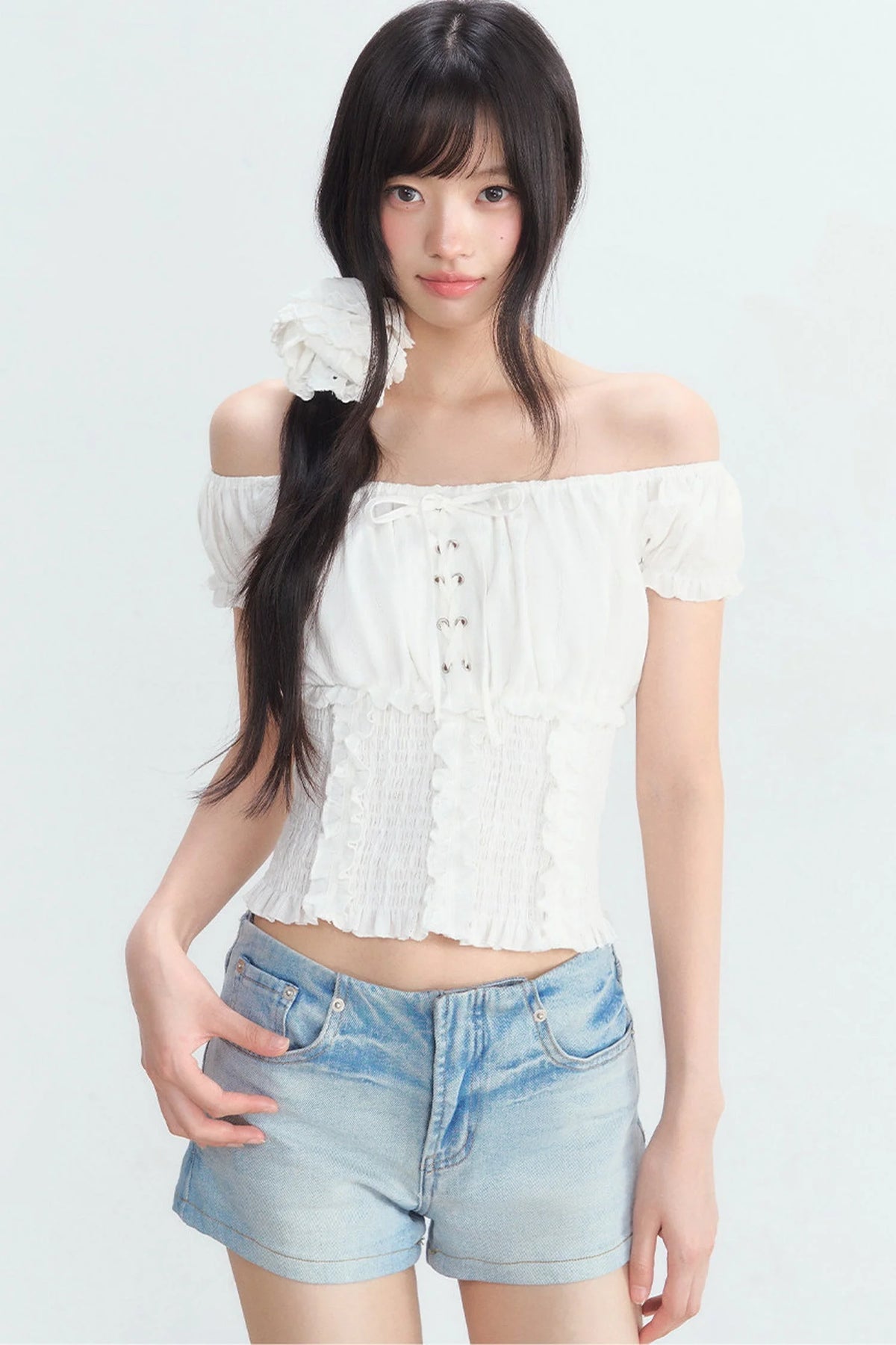Off-Shoulder Puff Sleeve Lace-Up Top